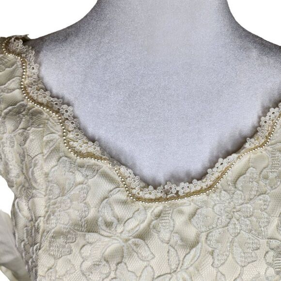 Vintage 80s Lace Wedding Dress Womens S White Bow Seed Pearls Mutton Sleeves Tru - Picture 3 of 13